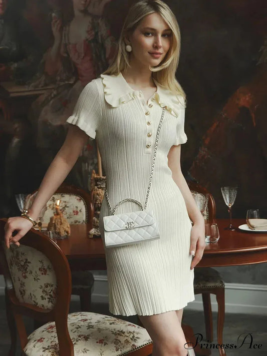 Knit Vintage Single-Buttoned Mini Dress WHITE / S minidress-250223