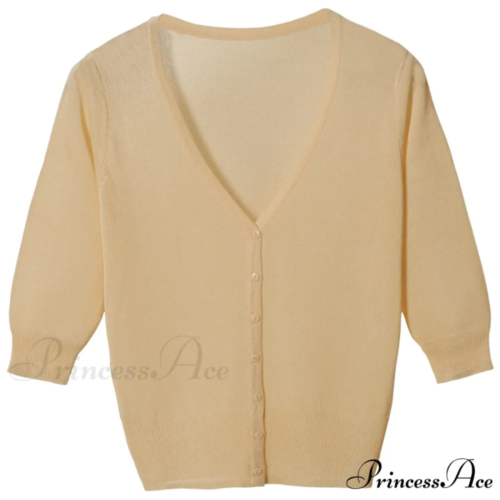 Knitted 3/4 Sleeve V-Neck Solid Casual Woman Cardigan Sweater