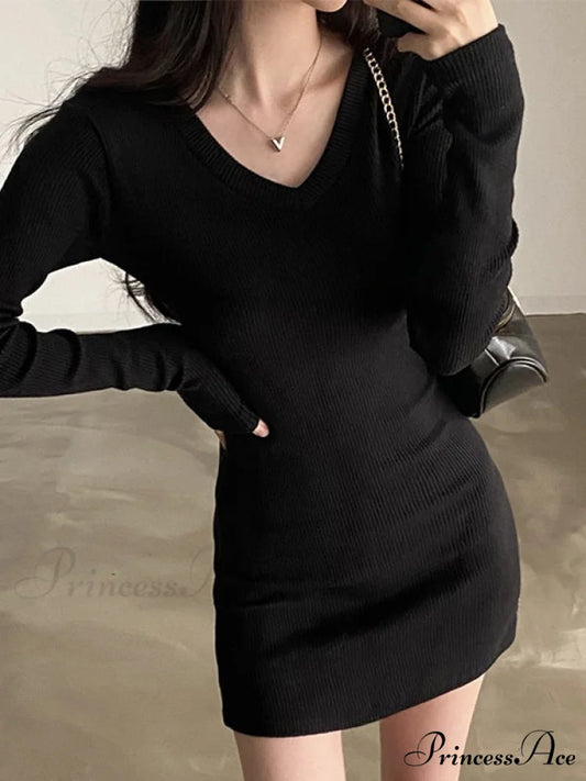 Knitted Batwing Sleeve Trendy High Waist Midi Dress Black / S