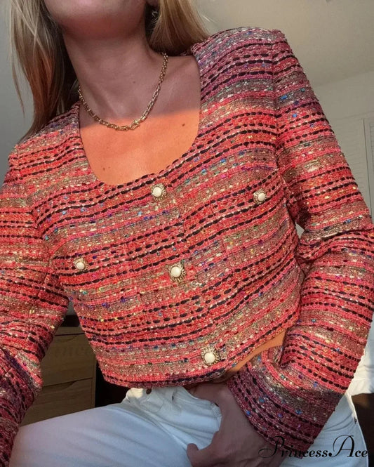 Knitted Buttoned Pocketed Square Neck Long Sleeved Short Autumn Casual Stylish Coat Red / S