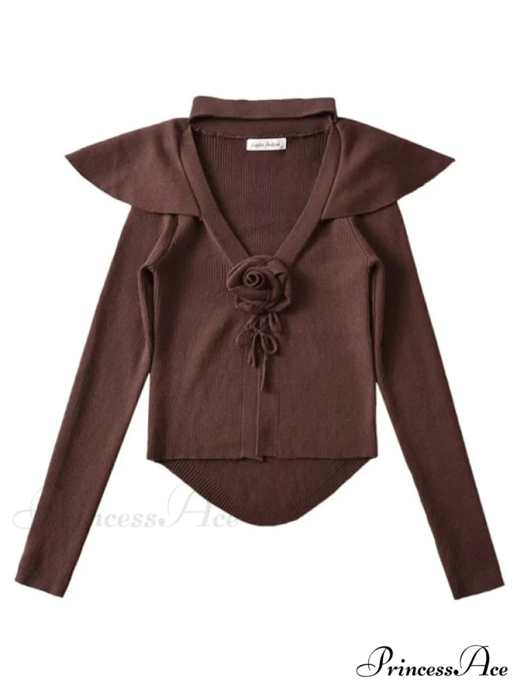 Knitted Cardigan Rose Large for Crop French Lapel Scarf Women Brown / S