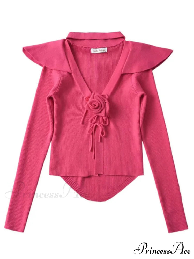 Knitted Cardigan Rose Large for Crop French Lapel Scarf Women Rose / S