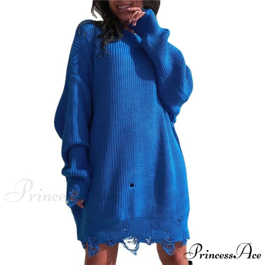 Knitted Casual O Neck Long Sleeve Fashion Sweater 01 blue / S