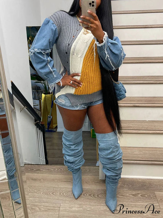 Knitted Color Block Turtleneck Modern Long Sleeve Sweater - Pink Blue / One Size