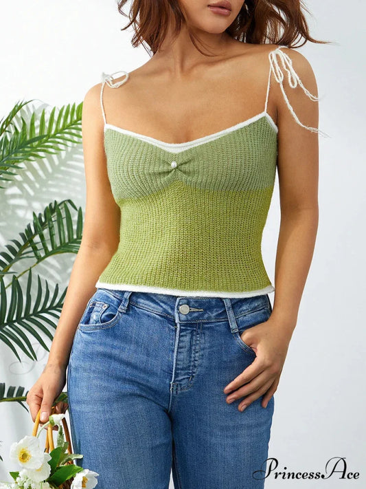 Knitted Contrast Lace-up Spaghetti Strap 90s Crop Top GREEN / S croptop-250126