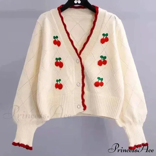 Knitted Cozy Autumnal Winter V-neck Floral Casual Long Sleeve Comfortable Stylish Sweater White / One Size