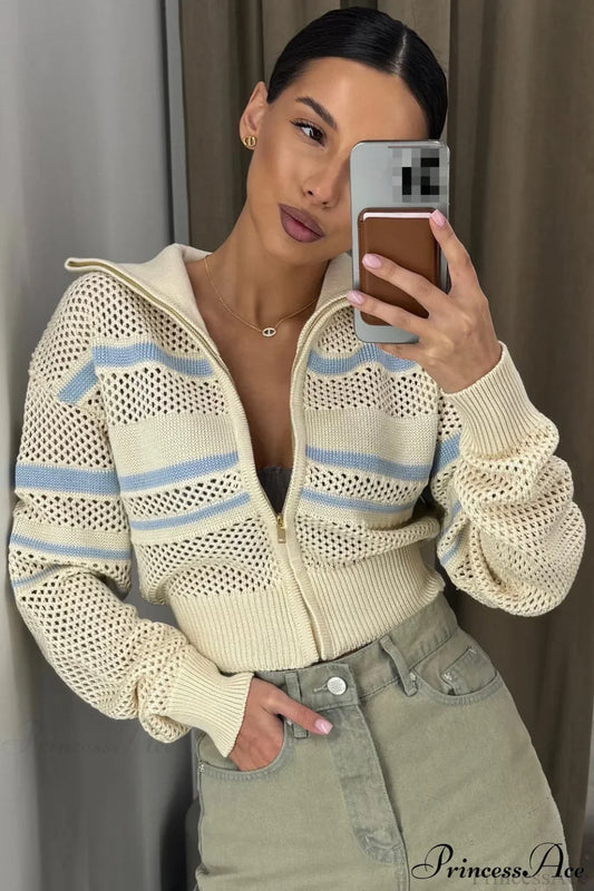 Knitted Cutout Zip Slim-Fit Design Hoodie