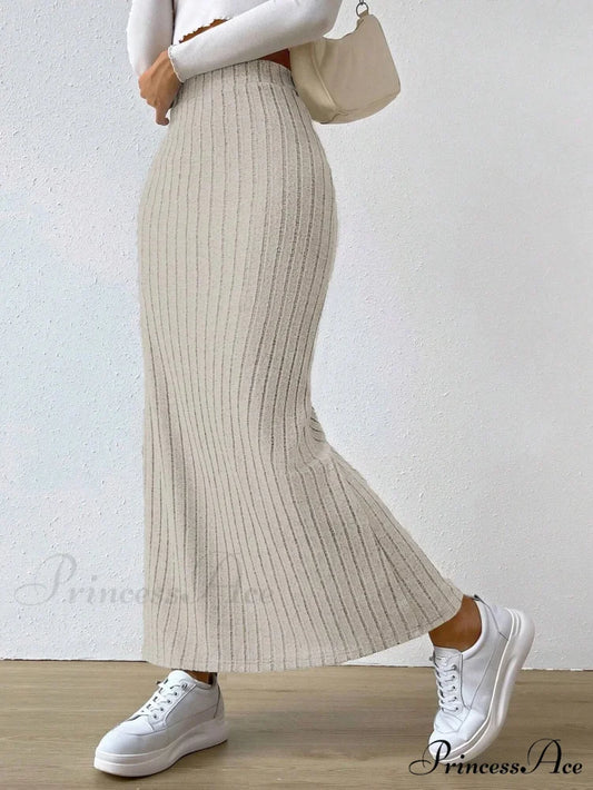 Knitted Elegant Stylish High Waist Slim Solid Color Trendy Hip Slits Skirt apricot / XS