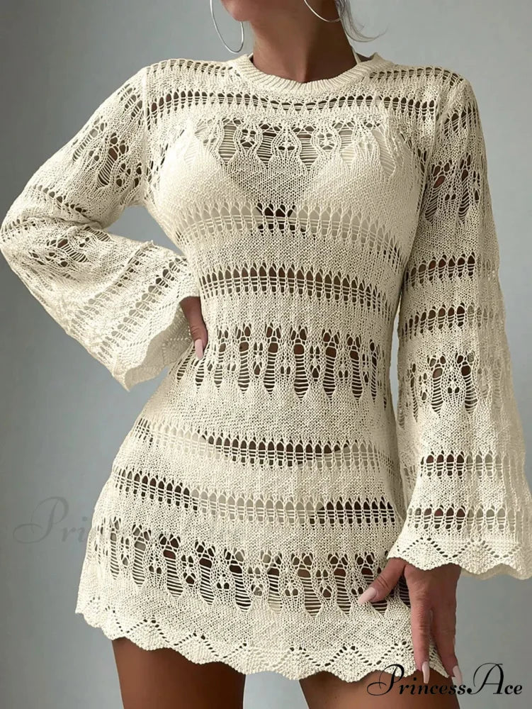 Knitted Empty Out Seductive Backless Beach Mini Boho Dress Cover-up Apricot / S bohodress-250126