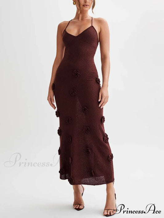 Knitted Floral Stylish Midi Dress Wine Red / S