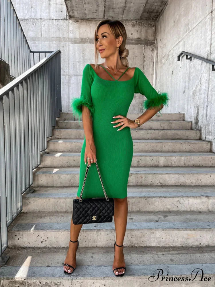 Knitted Fur Women’s Neck Arm One-Line Dress