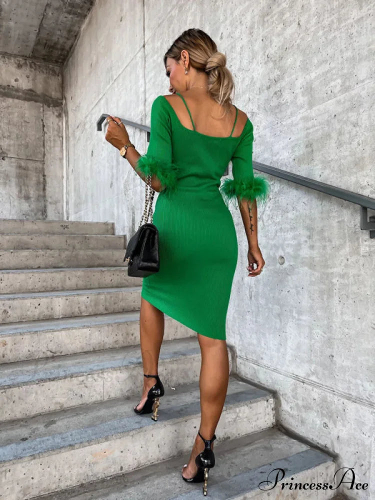 Knitted Fur Women’s Neck Arm One-Line Dress