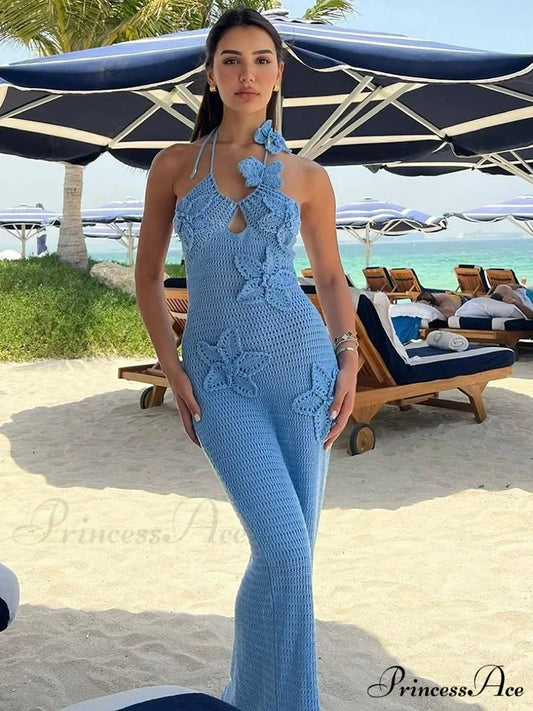 Knitted Halter Azure 3D Blooms Holiday Dress vacationdress-250223