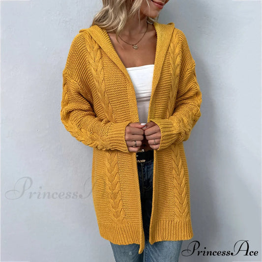 Knitted Hooded Cardigan Yellow / S