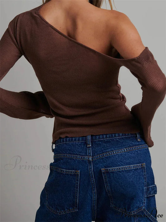 Knitted Long Flare Sleeve Solid Slim Fit T-shirts Off Shoulder T-shirts