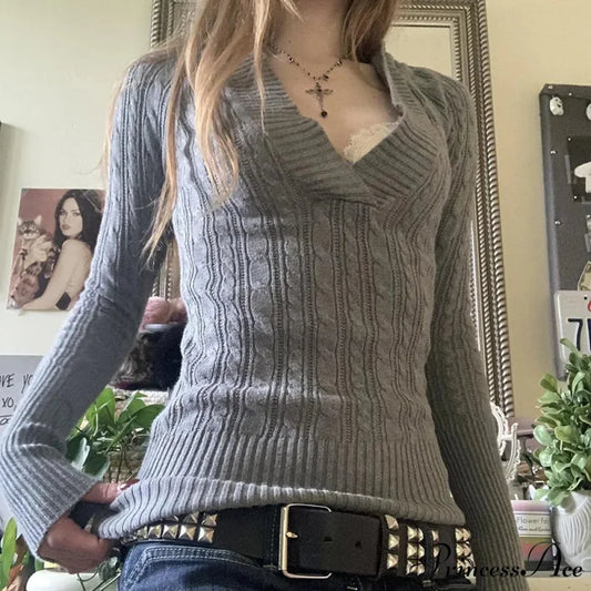 Knitted Narrow Fit Hooded Sweater Lengthy Sleeve V Neck Women GRAY / S knittop-250126