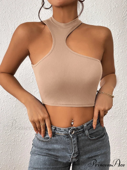 Knitted Neck Cropped Tank Top Asymmetrical Round for Women Khaki / S