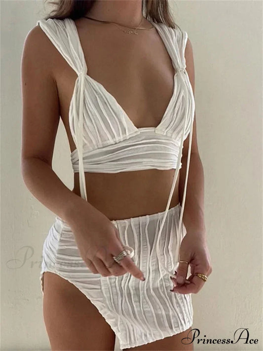 Knitted Profound Plunge-neck Tank Crop Top Tall Waist Split Mini Skirt Set WHITE / S twopiecesset-250126