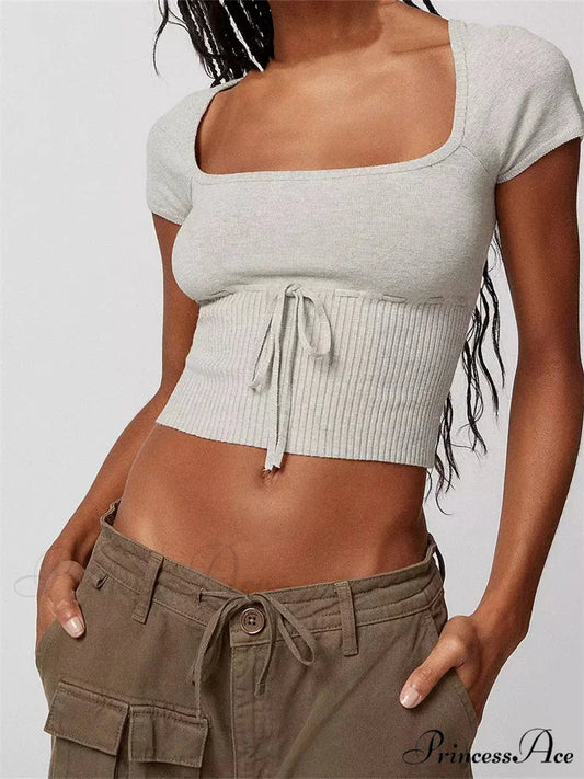 Knitted Ribbed Solid Color Short Sleeve Square Neck Drawstring T-shirts