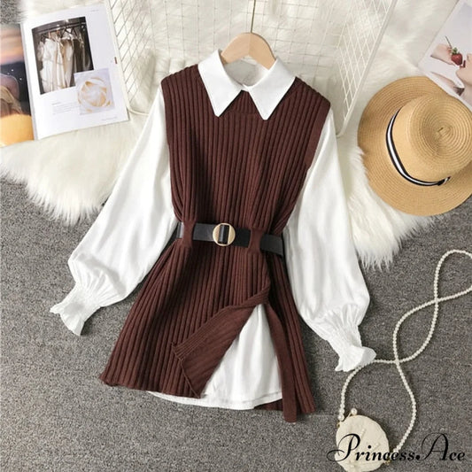 Knitted Set Waistband Style Blouse Top - Women’s Lantern College and Vest Arm UK900 Coffee / One Size