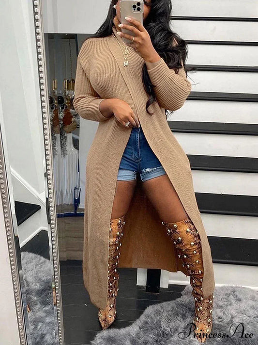 Knitted Tassels Graceful Ripped Long Cardigan Khaki / M