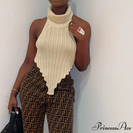 Knitted Turtleneck Stylish Backless Crop Top