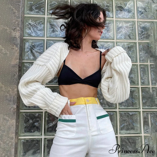 Knitted Ultra Short Sweater Cardigan Coat White / One Size