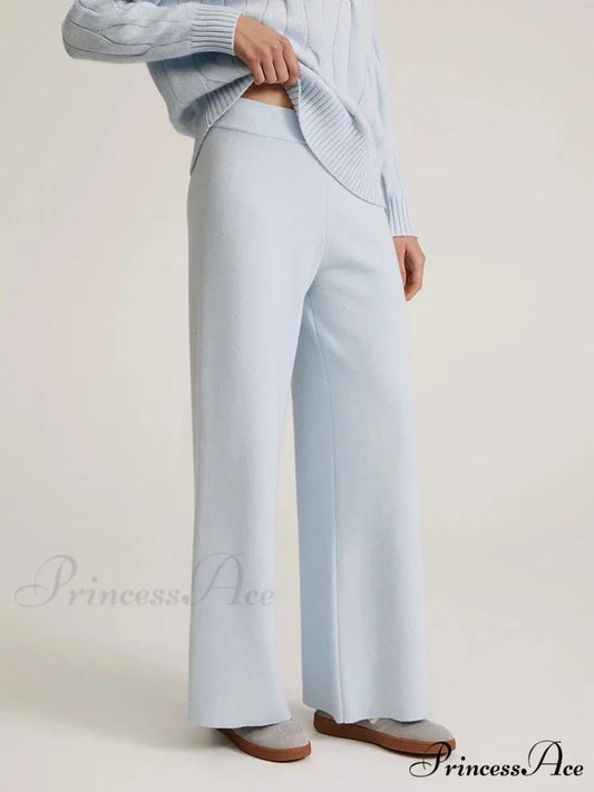 Knitted Winter High Waist Warm Straight Solid Light Blue Basic Wide Leg Pants Light Blue / One Size