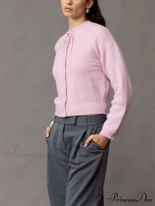 Knotted Button Plain Knit Cardigan Pink / S cardigans-241228