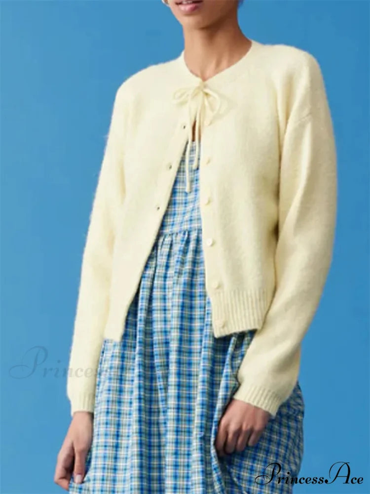 Knotted Button Plain Knit Cardigan Yellow / S cardigans-241228