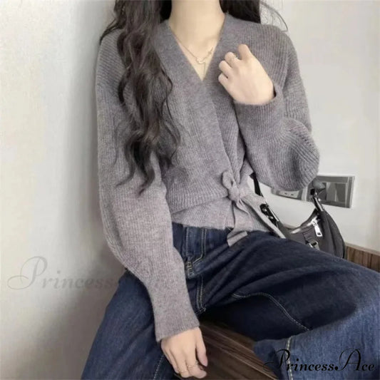 Knotted Waist Slimming Knit Cardigan GRAY / One Size cardigans-241228