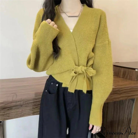 Knotted Waist Slimming Knit Cardigan Green / One Size cardigans-241228