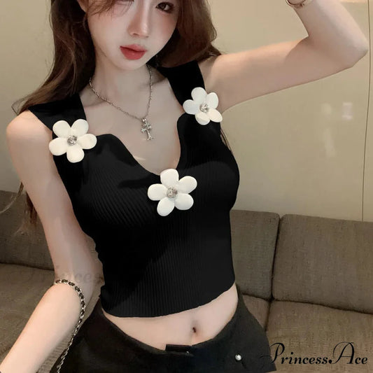 Korean 3D Blossoming Plunging Stretchy Crop Top Black / One Size croptop-250126