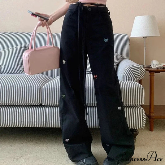 Korean Butterfly Stitched Trousers Black / S pants-241228