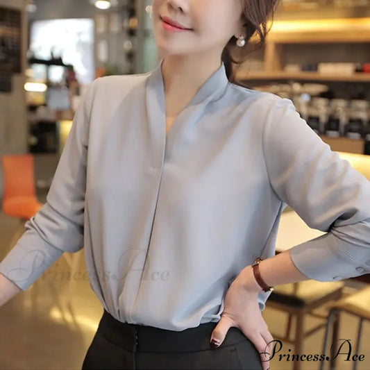 Korean Fashion V-neck Baggy Chiffon Work Blouse blouse-250126