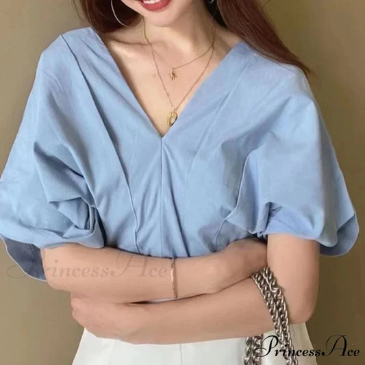 Korean Frill Design V-neck Short Sleeve Informal Blouse Blue / One Size blouse-250126