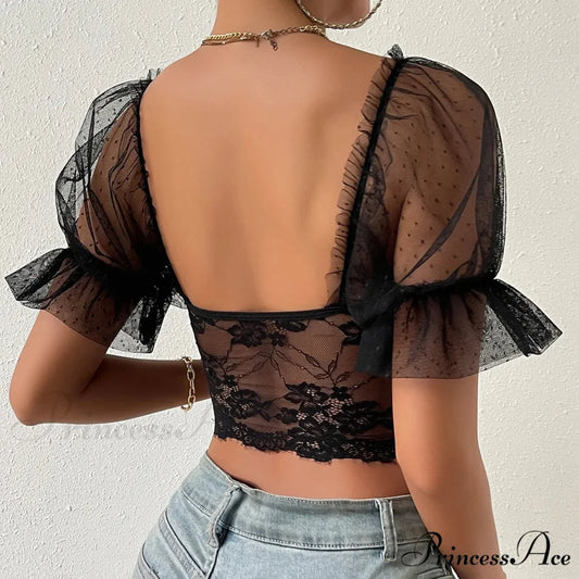 Korean Net Transparent Puff Sleeve Lace Crop Top croptop-250126