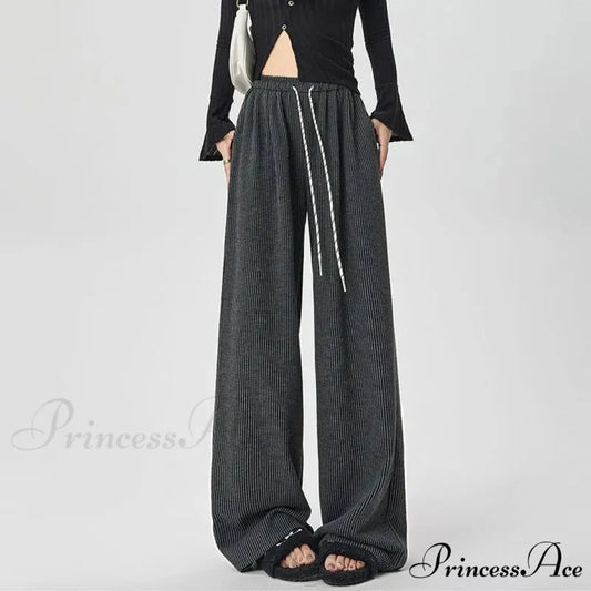 Korean Stripes Tall Waist Drawstring Trousers Dark Grey / S pants-241228