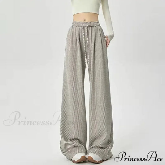 Korean Stripes Tall Waist Drawstring Trousers oatmeal / S pants-241228