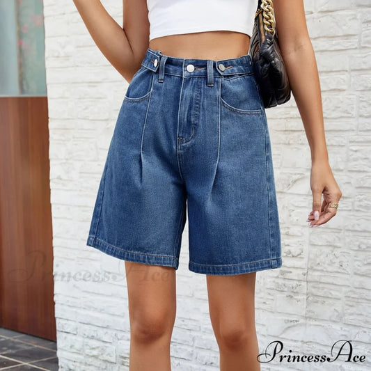 Korean Style Classic Comfortable Adjustable Quarter Blue High Waisted Wide Leg Short Blue / S