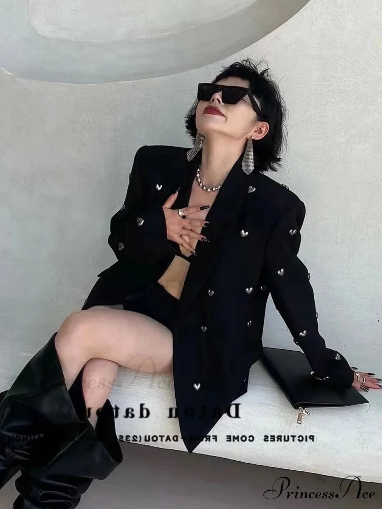 Korean Style High-End Oversize Heavy Work 3D Heart Beaded Blazer Black / One Size