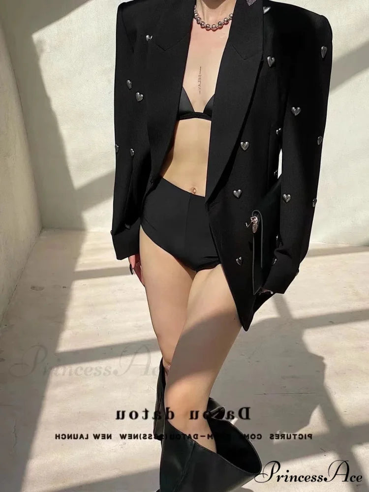 Korean Style High-End Oversize Heavy Work 3D Heart Beaded Blazer Black / One Size