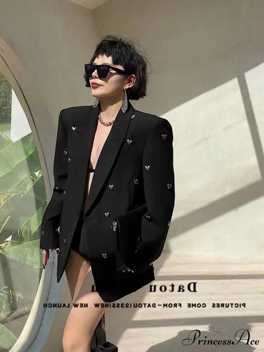 Korean Style High-End Oversize Heavy Work 3D Heart Beaded Blazer Black / One Size