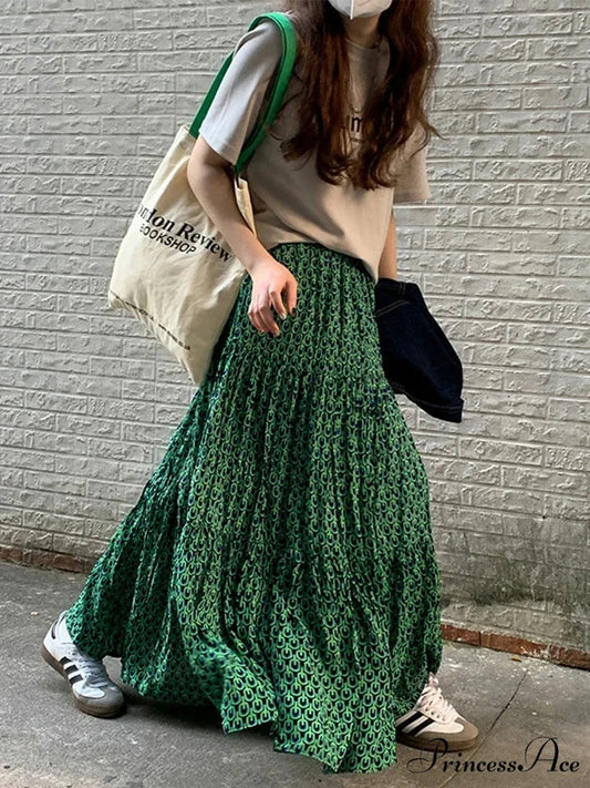 Korean Style Informal Timeless Women’s Maxi Floral Skirt Relaxed A-line skirt-250126