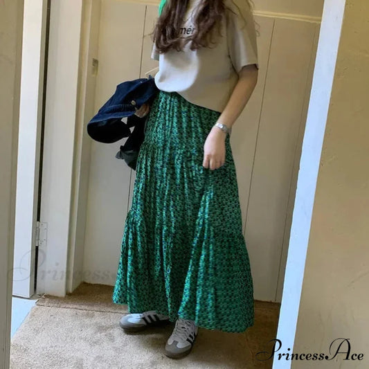 Korean Style Informal Timeless Women’s Maxi Floral Skirt Relaxed A-line Green / S skirt-250126