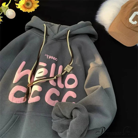 Korean Style Letter Printed Fleece Hoodie hoodies-241228