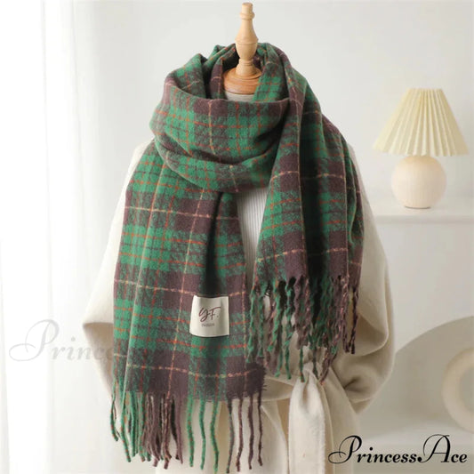Korean Style Plaid Cashmere Pashmina Wrap Scarf - Winter Warm and Thick GREEN