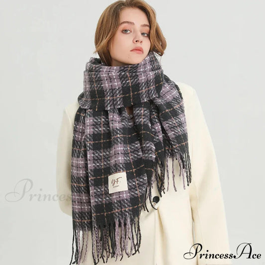 Korean Style Plaid Cashmere Pashmina Wrap Scarf - Winter Warm and Thick PURPLE