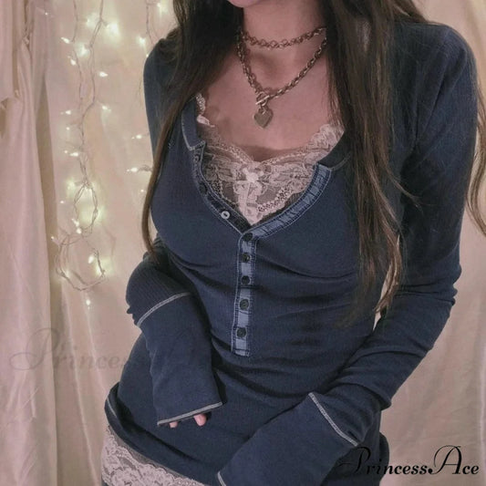 Korean Vintage Ribbed Knit Top Button Up Long Sleeve Jumper Women BLUE / S knittop-250126