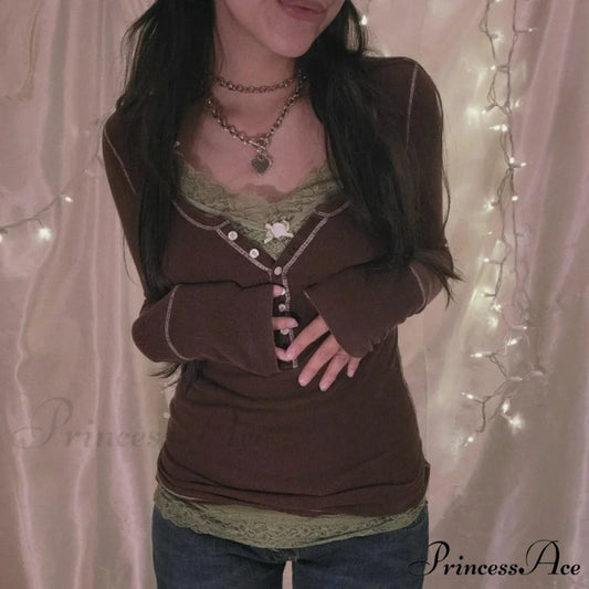 Korean Vintage Ribbed Knit Top Button Up Long Sleeve Jumper Women BROWN / S knittop-250126